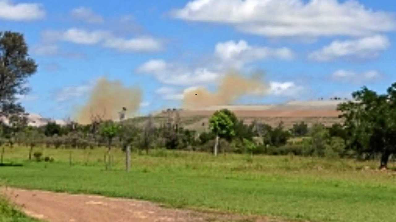 A blast at Gibihi Rd the day before aerial photos were taken which appear to show further damage to the stretch. Picture: John Eden
