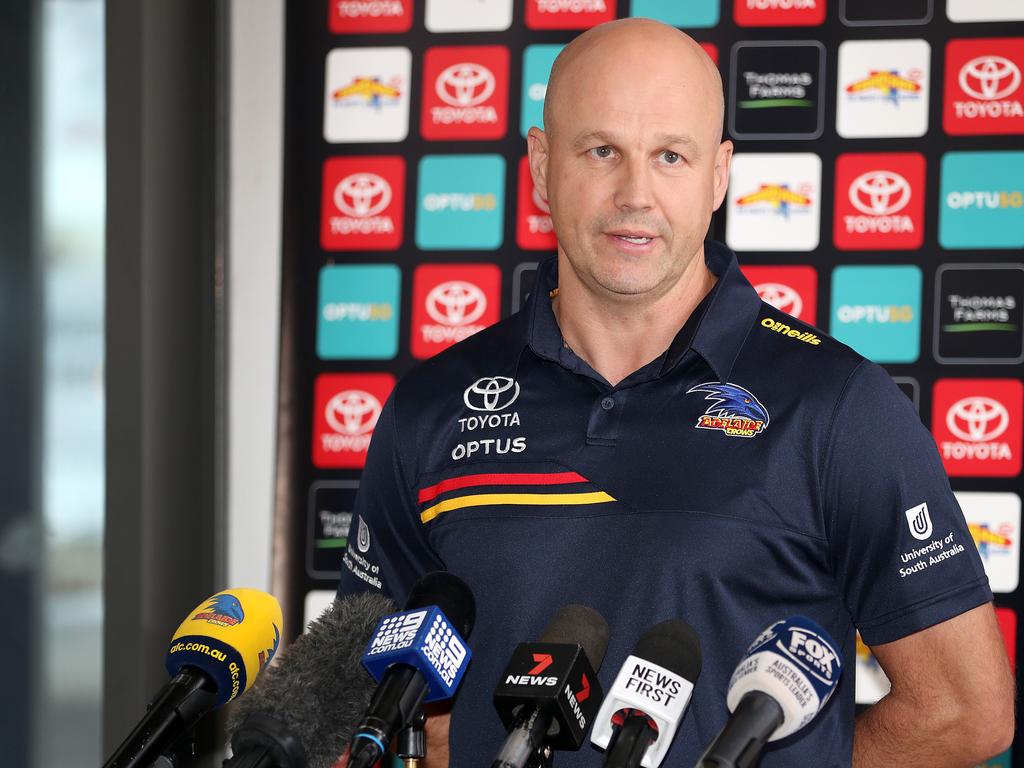 Matthew Nicks speaks to the media ahead of Adelaide’s clash with Richmond. Picture: Sarah Reed