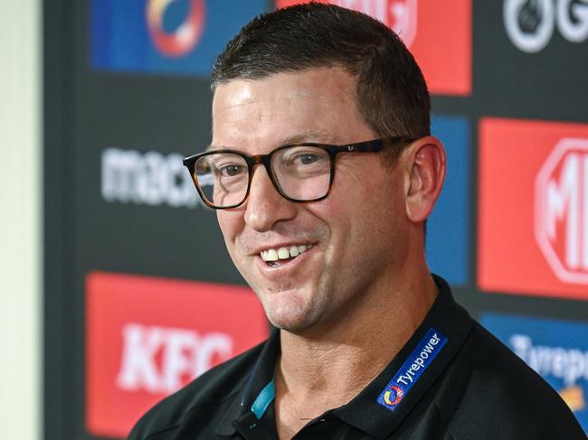 ADELAIDE, AUSTRALIA - FEBRUARY 12: Josh Carr senior assistant coach of Port Adelaide  speaks to the media during a Port Adelaide Power AFL press conference at Alberton Oval on February 12, 2025 in Adelaide, Australia. (Photo by Mark Brake/Getty Images)