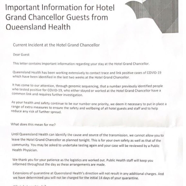 A letter from Queensland Health to people in hotel quarantine at the Hotel Grand Chancellor in Brisbane telling them they must undergo a further 14 days in another facility.