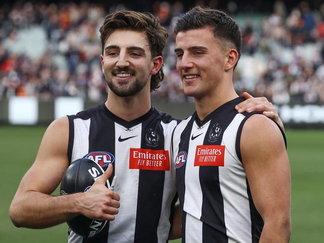 MELBOURNE - June 25 : AFL.   Josh Daicos and Nick Daicos after the round 15  AFL match between Collingwood and Adelaide at the MCG on June 25, 2023, in Melbourne.  Photo by Michael Klein.