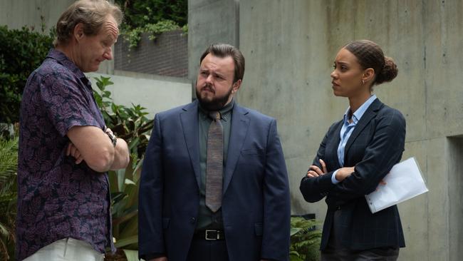 The plot thickens in North Shore … Rob Carlton as Lloyd, John Bradley as DS Max Drummond, and Kirsty Sturgess as DS Meg Driscoll. Picture: Ten