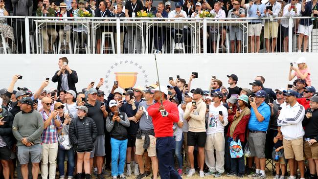 Tiger Woods plays a shot on the 16th hole during Sunday Singles matches on day four of the 2019 Presidents Cup at Royal Melbourne Golf Course. Picture: Getty