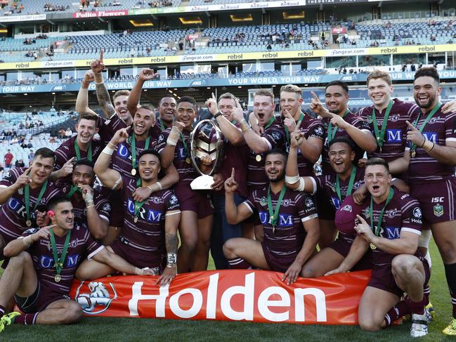 Manly players celebrate victory after the Parramatta Eels v Manly 2017 Holden Cup U20's Grand Final at ANZ Stadium, Sydney. Picture: Brett Costello