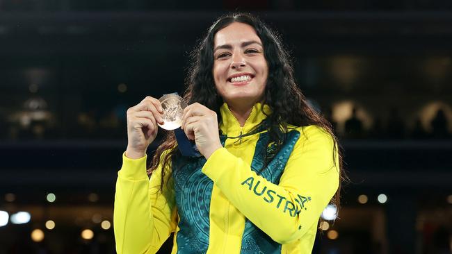 PARIS, FRANCE - AUGUST 10: Bronze Medallist Caitlin Parker of Team Australia poses on the podium during the Boxing Women's 75kg medal ceremony after the Boxing Women's 75kg Final match on day fifteen of the Olympic Games Paris 2024 at Roland Garros on August 10, 2024 in Paris, France. (Photo by Richard Pelham/Getty Images)