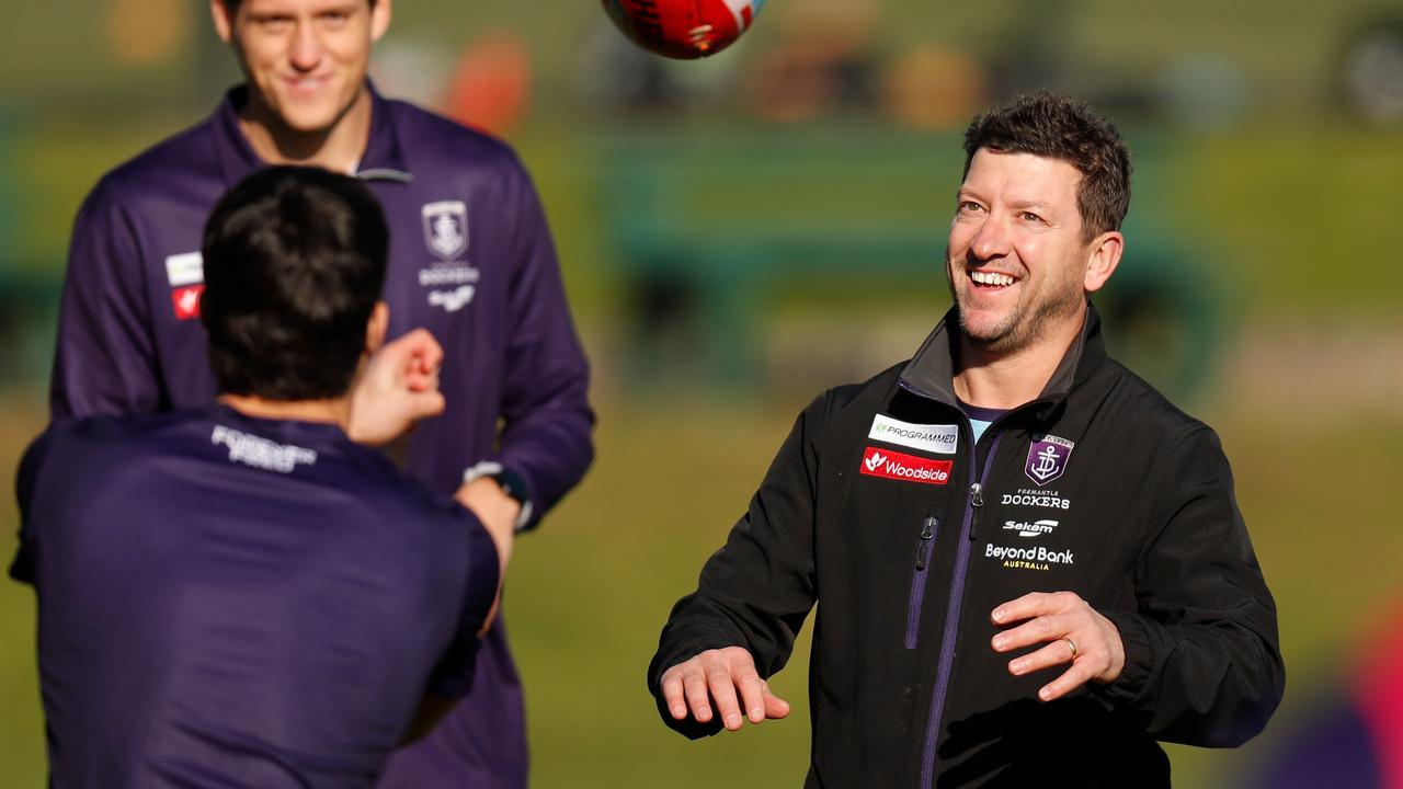 Carr (right) has been an assistant coach at Fremantle since last season. Picture: Michael Willson / AFL Photos via Getty Images