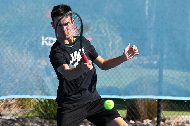 Action from the International Tennis Federation junior tournament at KDV on the Gold Coast. Picture: Tertius Pickard