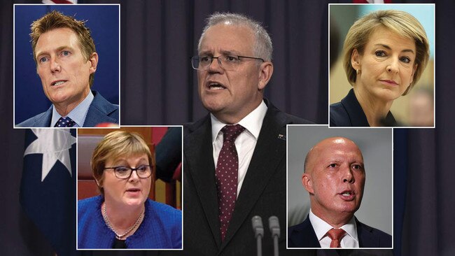 Cabinet reshuffle: PM Scott Morrison, centre, has new roles for Christian Porter, top left, Linda Reynolds, bottom left, as Michaelia Cash, top right, becomes Attorney-General and Peter Dutton, bottom right, takes on Defence. Pictures NewsWire/AFP