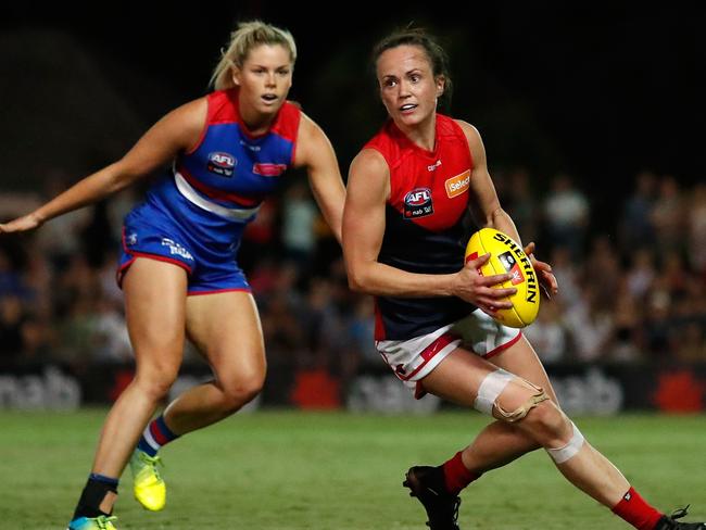 When Pearce broke the news to her coach, the pair joked that with the twins due in round three of the AFLW season, she would still be available in the Melbourne midfield for the first two games. Picture: Adam Trafford.