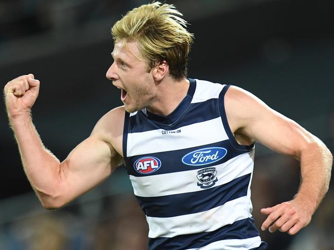 George Horlin-Smith of the Cats reacts after kicking a goal during the Round 5 AFL match between the Port Adelaide Power and the Geelong Cats at the Adelaide Oval in Adelaide, Saturday, April 21, 2018. (AAP Image/Julian Smith) NO ARCHIVING, EDITORIAL USE ONLY