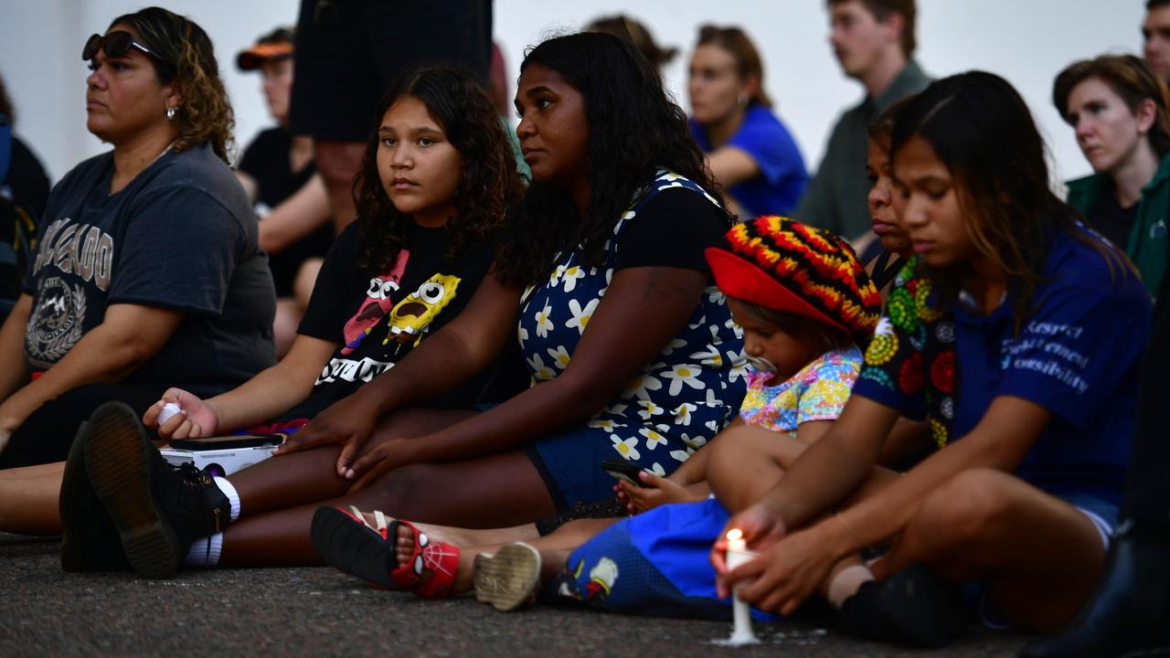Hundreds of Top End residents gathered outside the NT Parliament on Wednesday during a vigil for Kumanjayi White, a 24-year-old Warlpiri man with a disability who died after being restrained by police in the Alice Springs Coles. Picture: Zizi Averill