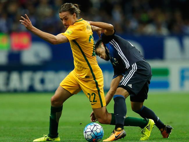 Socceroos midfielder Jackson Irvine in action against Japan on Thursday night.