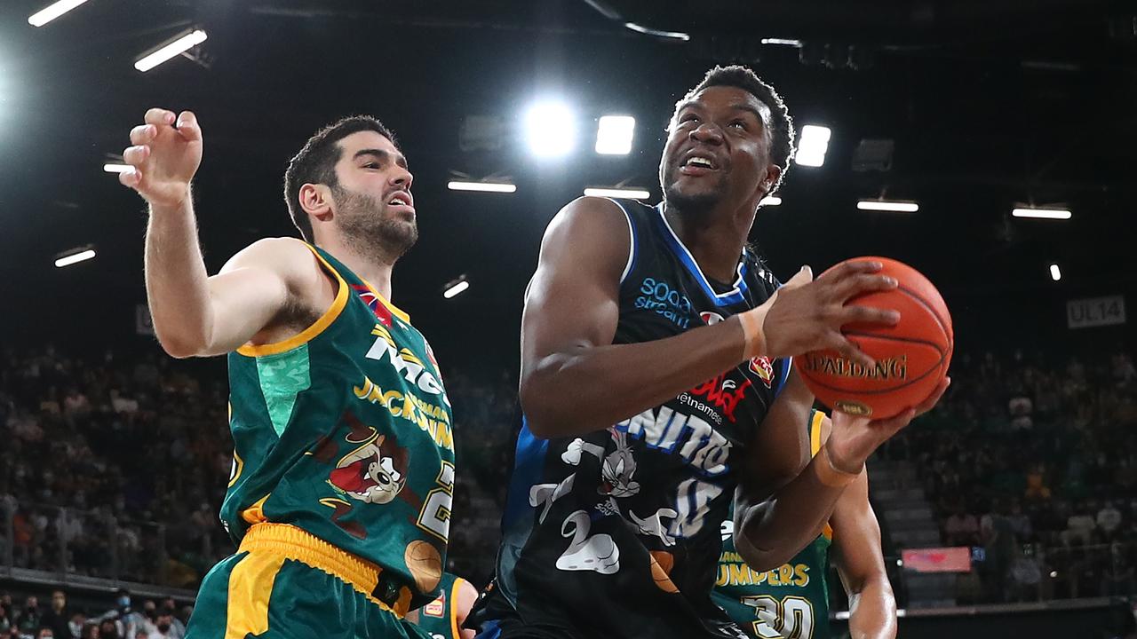 Ariel Hukporti (right) of Melbourne United is one of the NBL’s brightest prospects. (Photo by Kelly Defina/Getty Images)