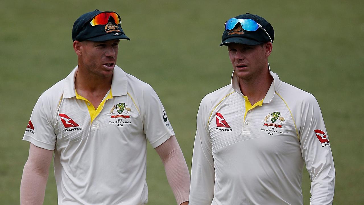 David Warner and Steve Smith in the test match where sandpaper-gate came to a head. Picture: AFP PHOTO / MARCO LONGARI