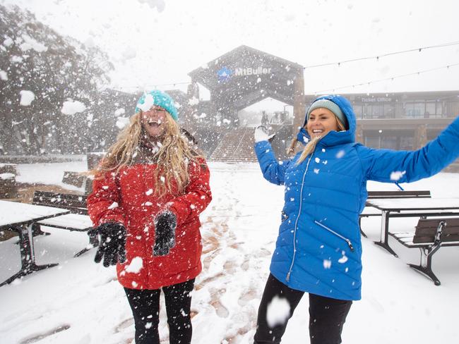 Kat and Shanae enjoy the fresh snow at Mount Buller.