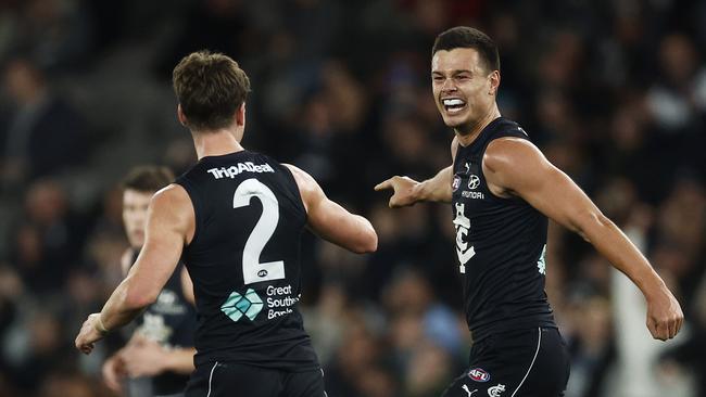 Jack Silvagni of the Blues celebrates kicking his fourth goal during the round 18 AFL match between Carlton Blues and Port Adelaide. Picture: Daniel Pockett/Getty Images