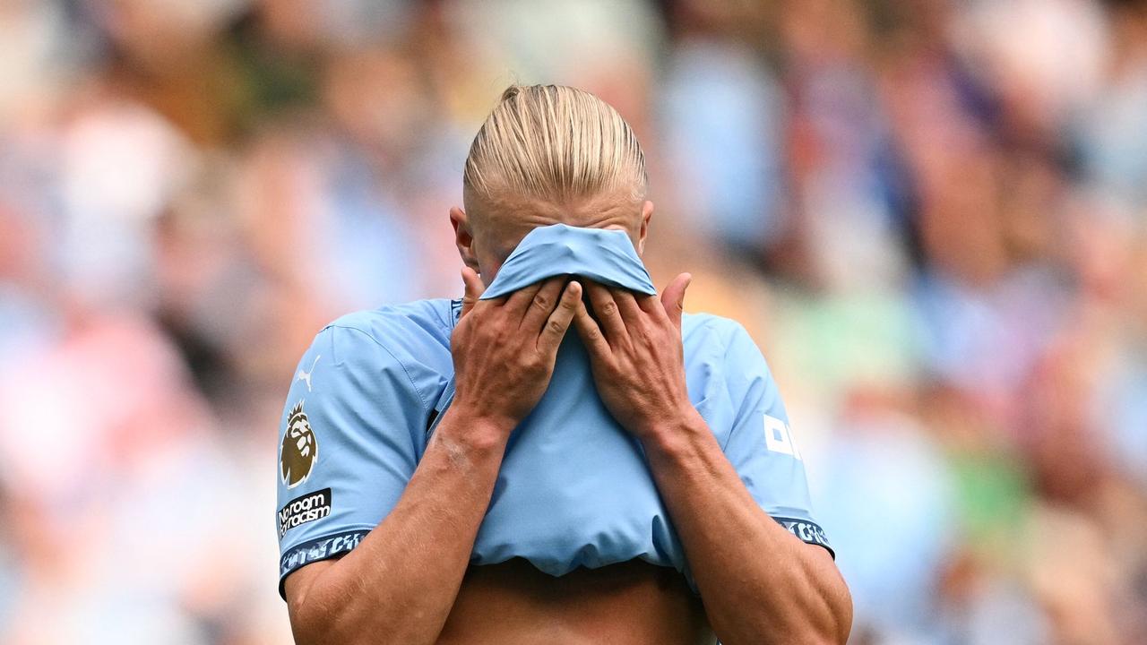 Manchester City's Norwegian striker #09 Erling Haaland reacts during the English Premier League football match between Manchester City and Brentford at the Etihad Stadium in Manchester, north west England, on September 14, 2024. (Photo by Oli SCARFF / AFP)