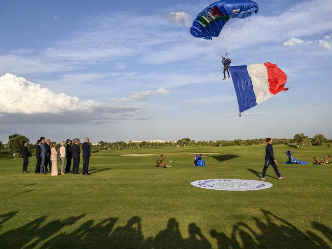 G7 leaders watch a skydiving demonstration. Picture: Antonio Masiello/Getty Images