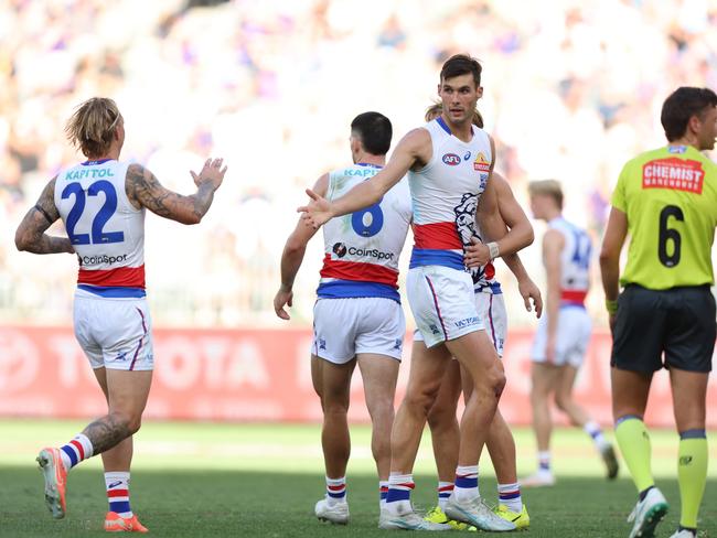 PERTH, AUSTRALIA - APRIL 06: Sam Darcy of the Bulldogs celebrates a goal during the 2025 AFL Round 04 match between the Fremantle Dockers and the Western Bulldogs at Optus Stadium on April 6, 2025 in Perth, Australia. (Photo by Janelle St Pierre/AFL Photos via Getty Images)