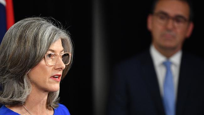 SA Chief Medical Officer, Dr Nicola Spurrier speaks to the media in front of Premier Steven Marshall. Picture: AAP Image/David Mariuz