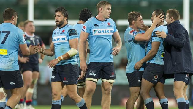 Waratahs celebrate at full time during the Round 10 Super Rugby match between the New South Wales Waratahs and the Melbourne Rebels at the SCG in Sydney, Saturday, April 20, 2019. (AAP Image/Craig Golding) NO ARCHIVING, EDITORIAL USE ONLY