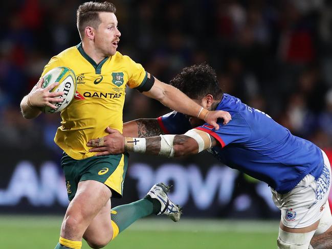 SYDNEY, AUSTRALIA - SEPTEMBER 07: Â Bernard Foley makes a break during the International Test match between the Australian Wallabies and Manu Samoa at Bankwest Stadium on September 07, 2019 in Sydney, Australia. (Photo by Matt King/Getty Images)