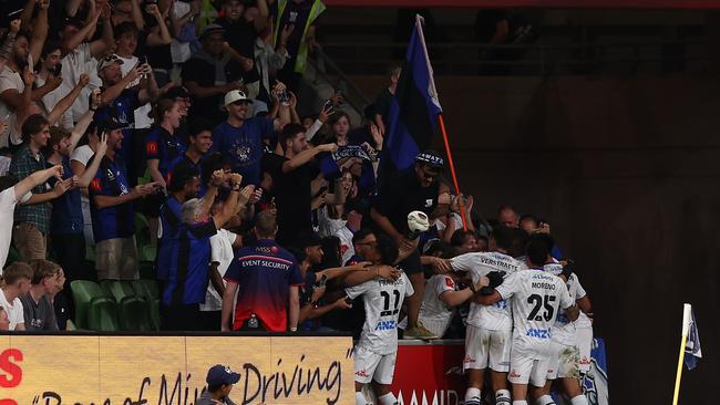 MELBOURNE, AUSTRALIA – APRIL 19: Guillermo May of Auckland FC celebrates a goal during the round 27 A-League Men match between Melbourne Victory and Auckland FC at AAMI Park on April 19, 2025 in Melbourne, Australia. (Photo by Graham Denholm/Getty Images)