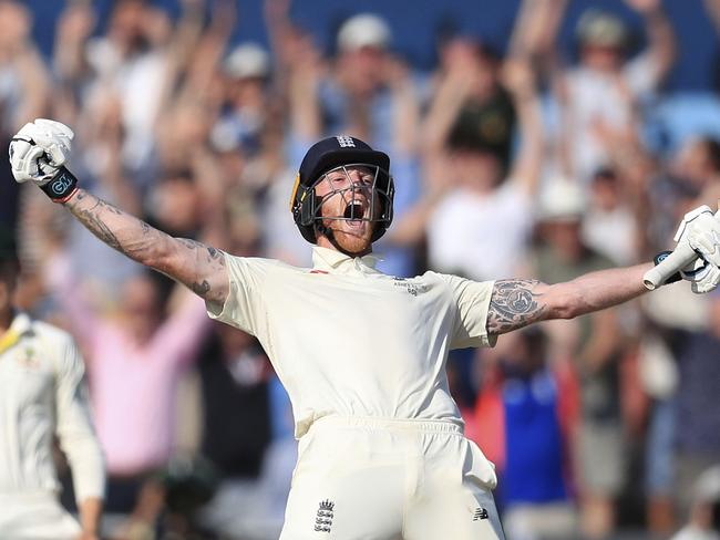 England's Ben Stokes celebrates victory on day four of the third Ashes cricket Test match against Australia at Headingley, Leeds, England, Sunday Aug. 25, 2019. (Mike Egerton/PA via AP)