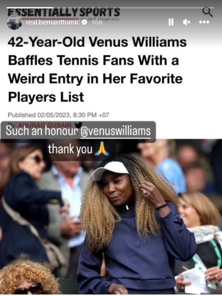 Venus Williams mencantumkan Bernard Tomic sebagai salah satu pemain favoritnya