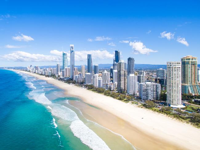 An aerial view of the Surfers Paradise skyline on a clear day in Queensland, Australia