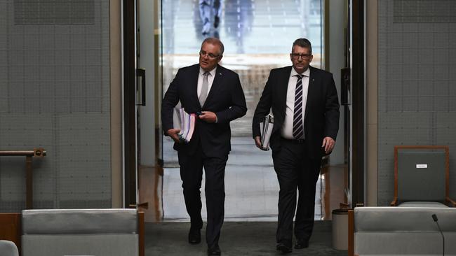 Scott Morrison Resources Minister Keith Pitt arrive for Question Time.