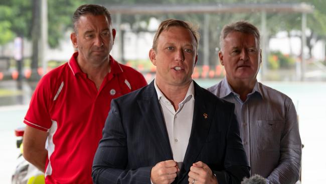 Premier Steven Miles holding a press conference at the Cairns Police Beat. Photo: Emily Barker