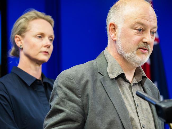 Press conference with Health Minister Sarah Courtney and Director of Public Health Mark Veitch  to provide an update on the fourth case of coronavirus COVID-19 in Tasmania. Picture: RICHARD JUPE