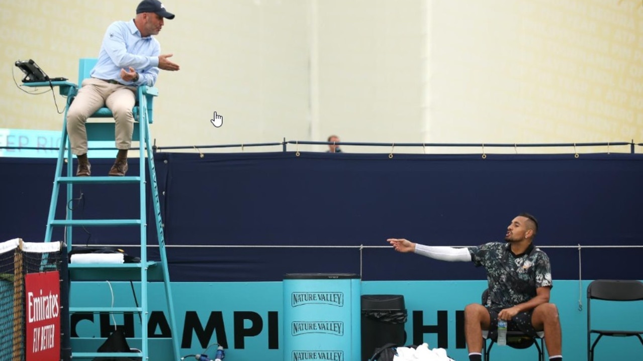 Nick Kyrgios remonstrates with the chair umpire.