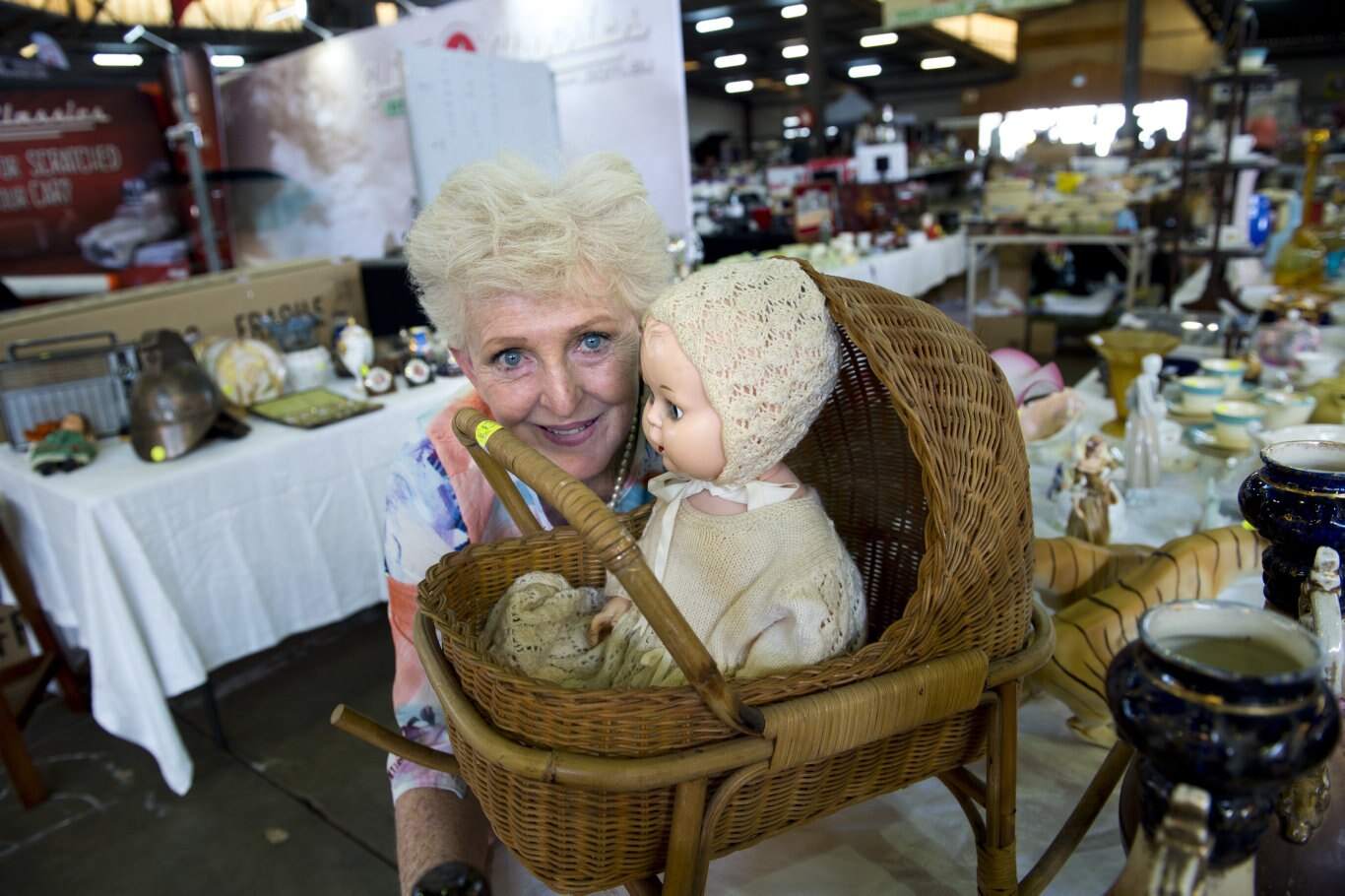 Cuddling up to a OK Kader 1950's doll is Kate Pfingst from Tikki Boo at Recliffe. Swap Meet at Showgrounds. February 2019. Picture: Bev Lacey