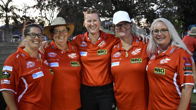 Kaye Trindle, Jo Humphries, Sallie Simpson, Dianne Cossens and Lisa Filgate at the AFL Capricornia grand finals, Rockhampton Cricket Grounds, September 10, 2022.