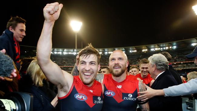 Jack Viney (left) and Nathan Jones. (Photo by Adam Trafford/AFL Media/Getty Images)