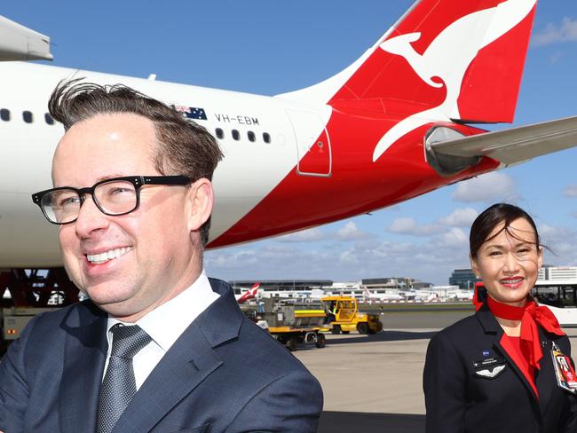 13/10/16 Qantas CEO Alan Joyce announces flights to Beijing. Pictured on the tarmac at Mascot Airport with Qantas Plane. Picture Renee Nowytarger / The Australian