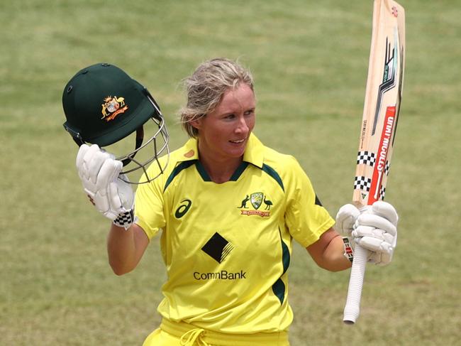 SYDNEY, AUSTRALIA - JANUARY 21: Beth Mooney of Australia celebrates after scoring her century during game three of the Women's One Day International Series between Australia and Pakistan at North Sydney Oval on January 21, 2023 in Sydney, Australia. (Photo by Robert Cianflone/Getty Images)