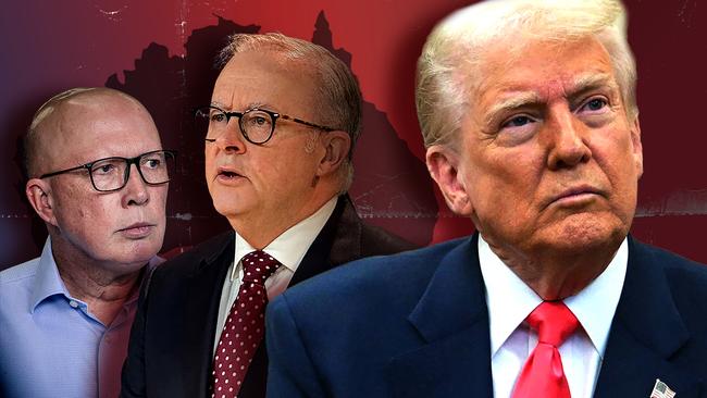 President Donald Trump, Prime Minister Anthony Albanese and Opposition Leader Peter Dutton. Artwork by Emilia Tortorella