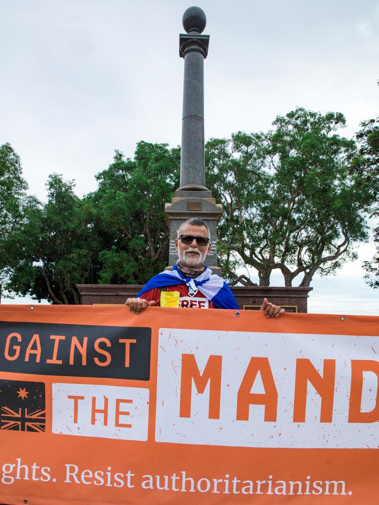 Protesters congregate at the Cenotaph at a Free in the NT march in Darwin. Picture: Glenn Campbell