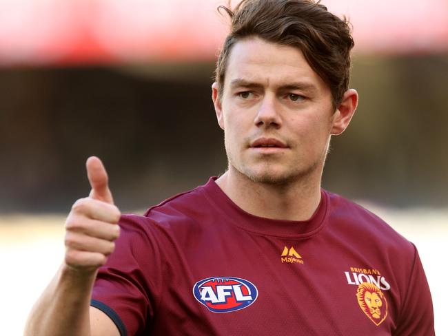 PERTH, AUSTRALIA - MAY 26: Lachie Neale of the Lions acknowledges Fremantle supporters while walking from the field following warm ups during the round 10 AFL match between the Fremantle Dockers and the Brisbane Lions at Optus Stadium on May 26, 2019 in Perth, Australia. (Photo by Paul Kane/Getty Images)