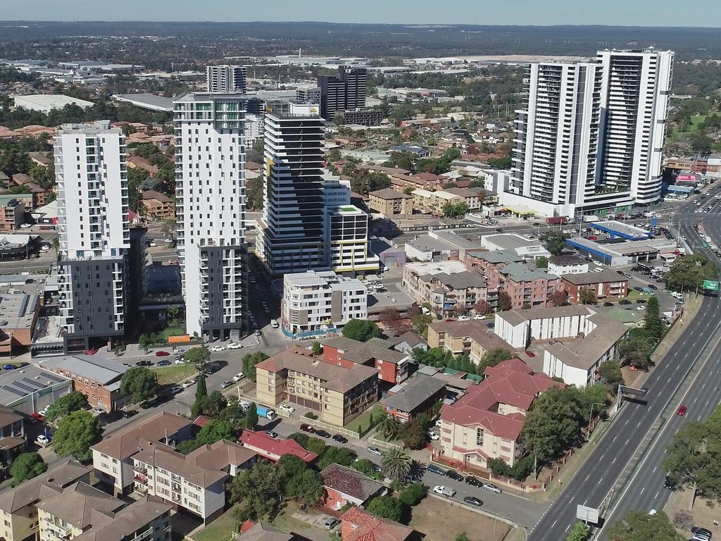 An aerial view of Liverpool, Sydney’s highest-birth suburb. Picture: Sam Ruttyn