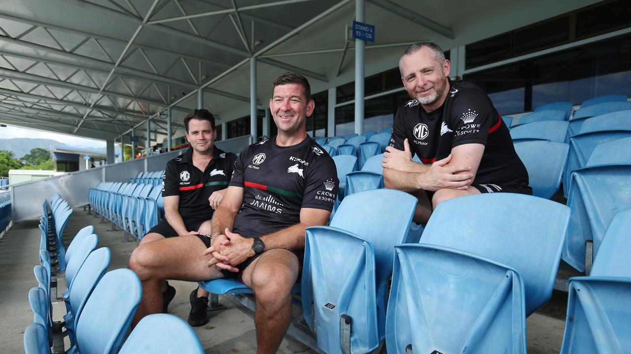 South Sydney Rabbitohs chief operating officer Brock Schaefer, head coach Jason Demetriou and head of pathways and player development Joe O'Callaghan all played key roles at the Northern Pride when the team won the Queensland Cup and the NRL State Championship in 2014. Picture: Brendan Radke