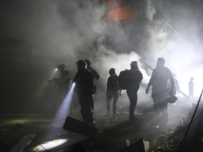 Emergency personnel work at the site of a residential building destroyed by a Russian strike in Zaporizhzhia, Ukraine, on Thursday, May 1, 2025. Picture: AP Photo/Kateryna Klochko