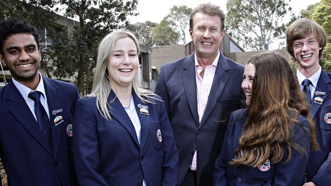 Hiranya Patel, Brooke Harris, Nine News anchor Peter Overton, Bridget Bevan and Joshua Haithwaite at Northern Beaches Secondary College Cromer Campus. Picture: Adam Yip