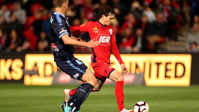 Craig Goodwin of Adelaide United against Sydney FC at Coopers Stadium on Friday night. Picture: James Elsby/Getty Images