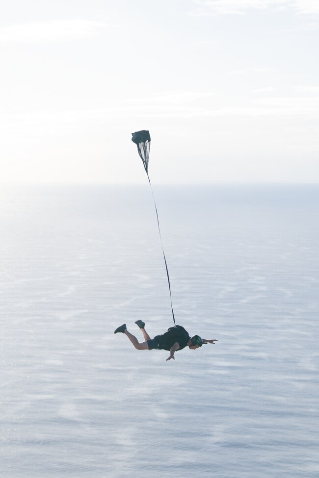 In a heart-stopping high rise stunt, daredevil Jacko Strong performed a 246-metre BASE jump from the top of the Soul Surfers Paradise tower. Picture: Supplied.