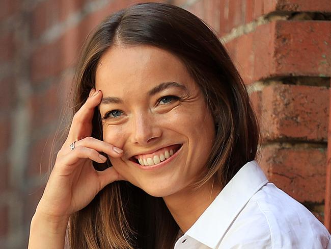 Virginia Slaghekke, Jobe Watson's partner, in Melbourne this week. Picture: Alex Coppel. MANDATORY CREDIT Jessie wears: Jennifer Behr headband, Cmeo Collective top and skirt, Tony Bianco shoes. Hair by Georgia of Rok Ebony Toorak Make-up by Jade Kisborbo Styling by Lana Wilkinson