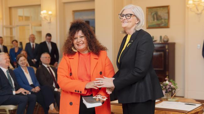 Minister for Indigenous Australians Malarndirri McCarthy poses for photographs with Australian Governor-General Sam Mostyn during the Federal ministry swearing in ceremony at Government House in Canberra. Picture: NewsWire / David Beach